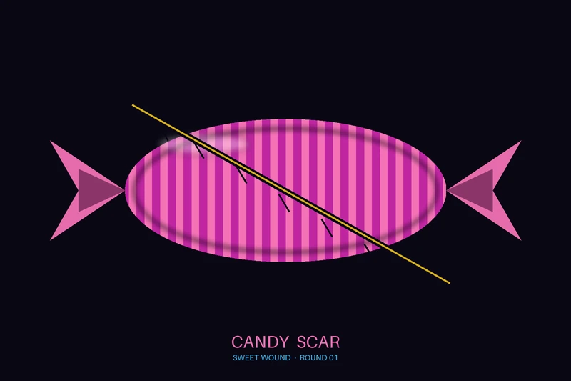 Candy wrapper with a diagonal sutured scar